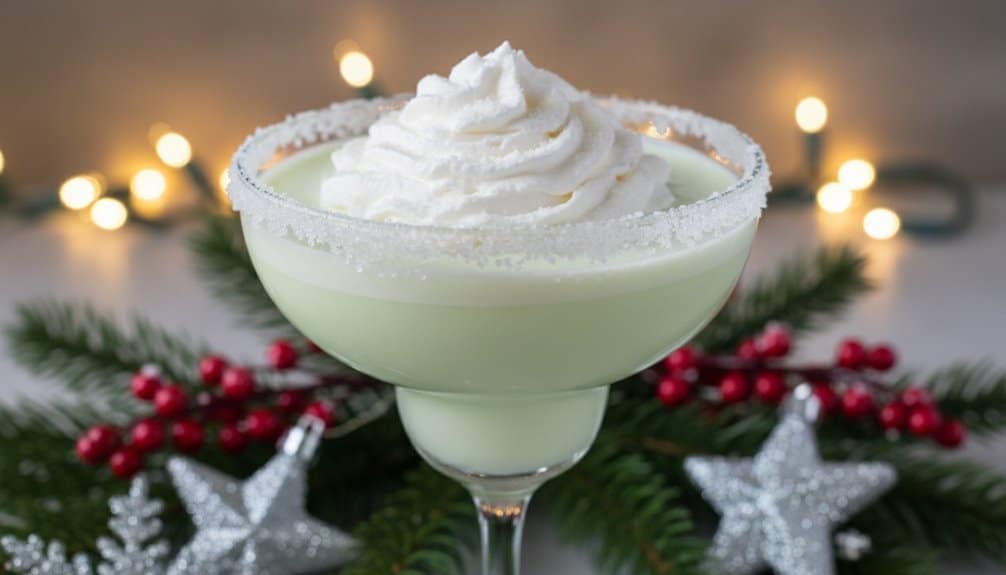 A festive holiday eggnog with whipped cream served in a glass rimmed with sugar, surrounded by Christmas ornaments and greenery, perfect for seasonal celebrations.