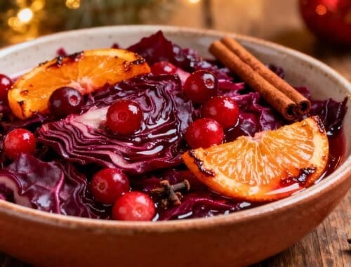 Vibrant red cranberry salad with blood orange slices and cinnamon sticks, perfect for holiday nutrition and seasonal celebration.