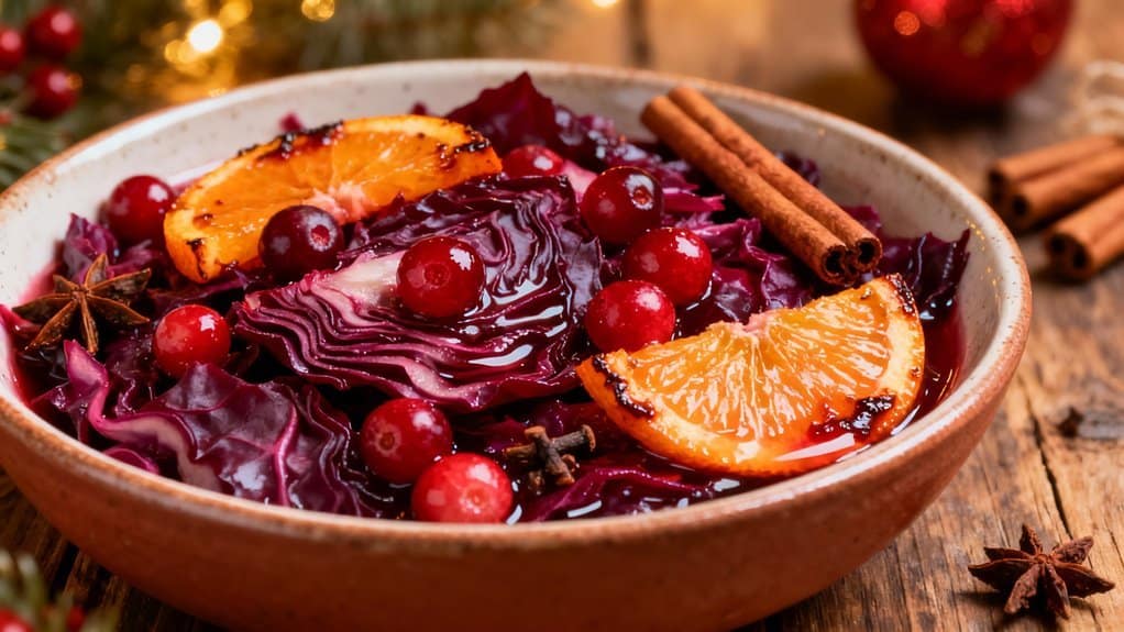 Vibrant red cranberry salad with blood orange slices and cinnamon sticks, perfect for holiday nutrition and seasonal celebration.