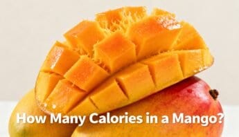 Bright, fresh mango and cut cubes, showing health benefits and calorie content, perfect for fitness and diet tracking.