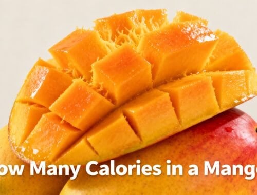 Bright, fresh mango and cut cubes, showing health benefits and calorie content, perfect for fitness and diet tracking.