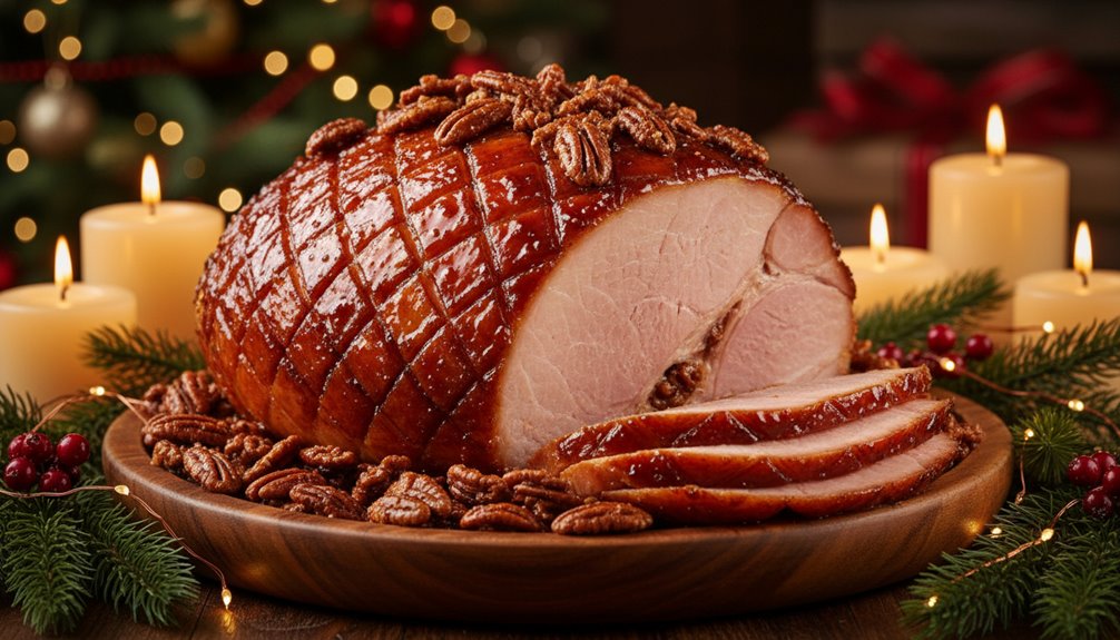 maple bourbon glazed christmas ham with candied pecans