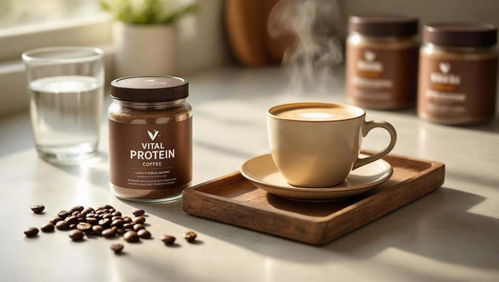 VITAL PROTEIN coffee-flavored supplement jar with steaming latte on wooden tray, glass of water, coffee beans, and additional supplement jars in background, promoting health and fitness.
