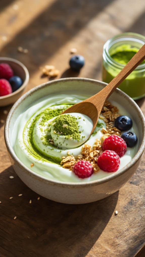 Creamy green yogurt bowl with granola and fresh berries on wooden table, healthy breakfast, superfood, probiotic, nutritious, fitness food, antioxidant-rich, clean eating.