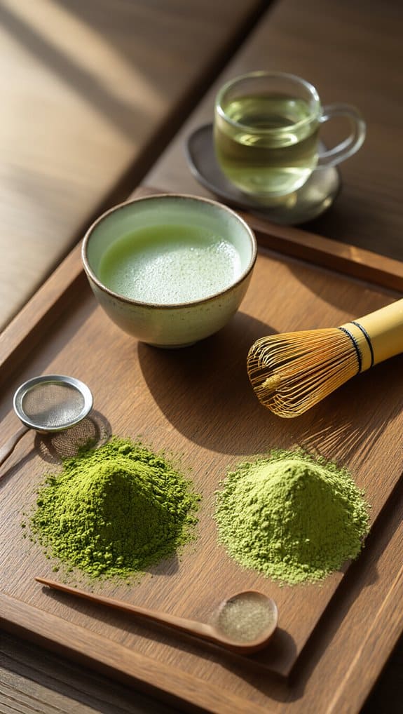 Matcha tea with green powder, bamboo whisk, tea strainer, and a cup of hot water on wooden tray for health and fitness boost.