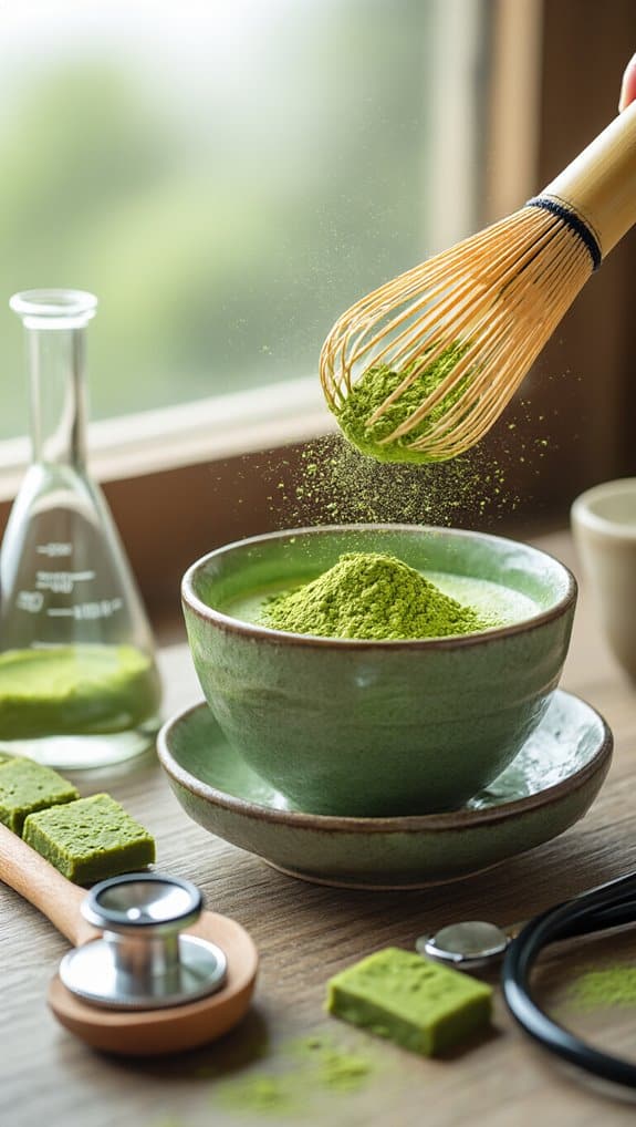 Finely ground matcha being sifted into a green ceramic bowl with matcha powder nearby and medical equipment in the background.