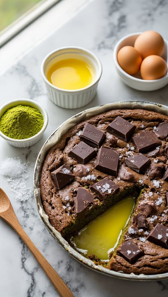 Rich chocolate lava cake with gooey center and broken pieces of chocolate on top, served with eggs, matcha powder, and olive oil on a marble countertop.