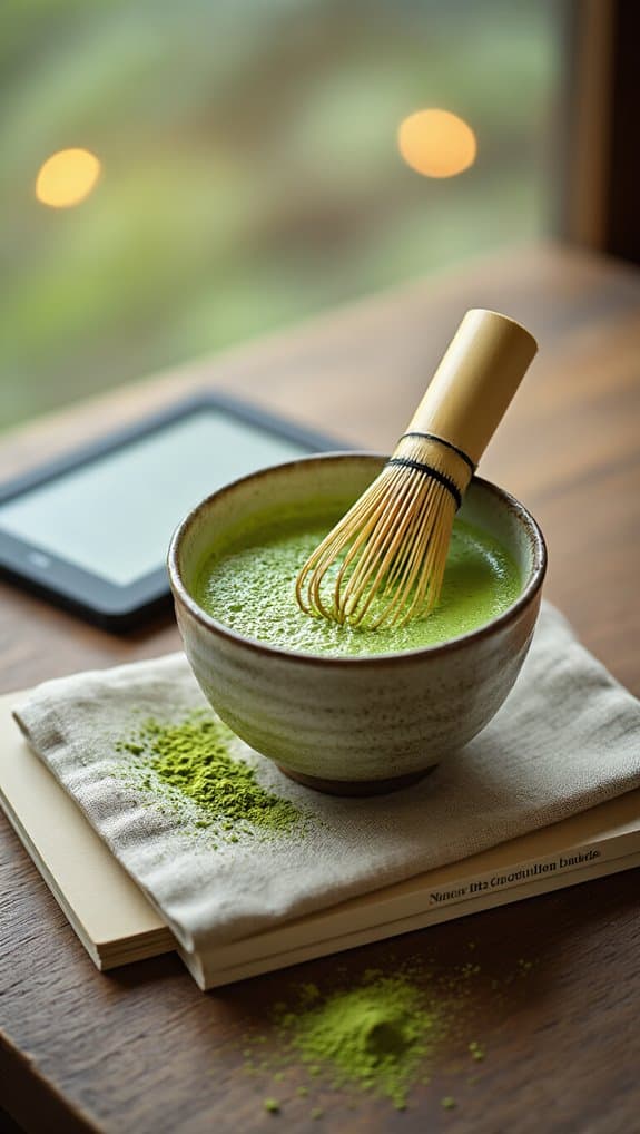 Matcha green tea in a bowl with bamboo whisk, health and wellness concept, on wooden table with blurred background.