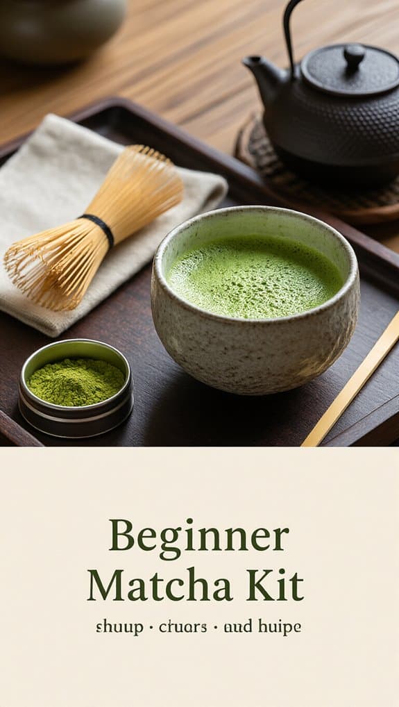 Matcha tea starter kit with green tea powder, bamboo whisk, and traditional teapot on wooden tray for health and wellness.