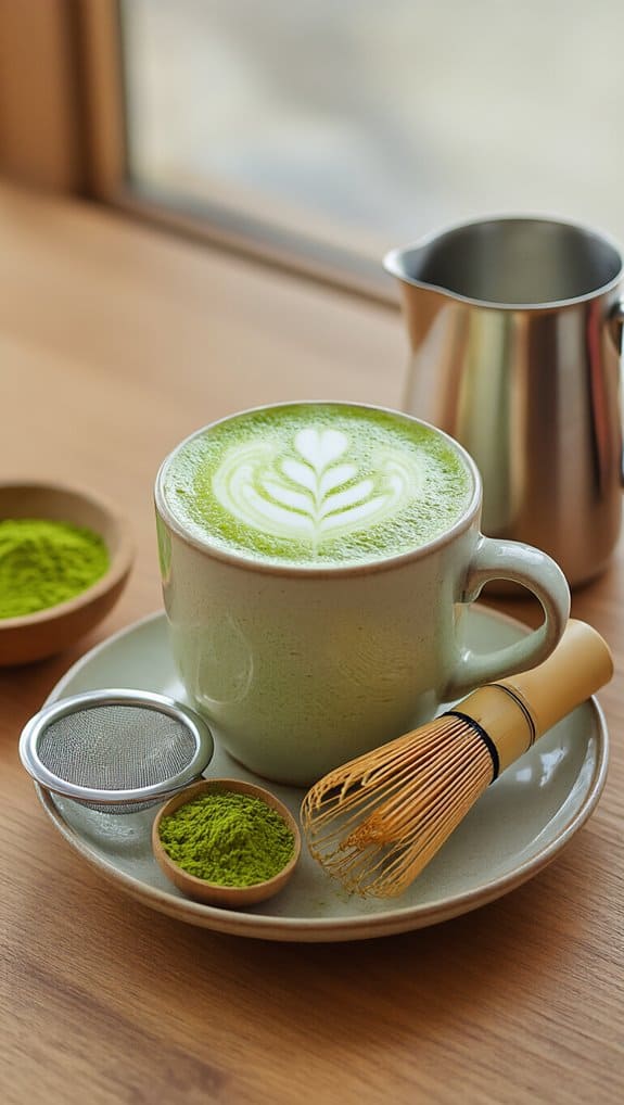 Matcha green tea latte in a ceramic mug with matcha powder, a bamboo whisk, and a stainless steel pitcher on a wooden table by a window.
