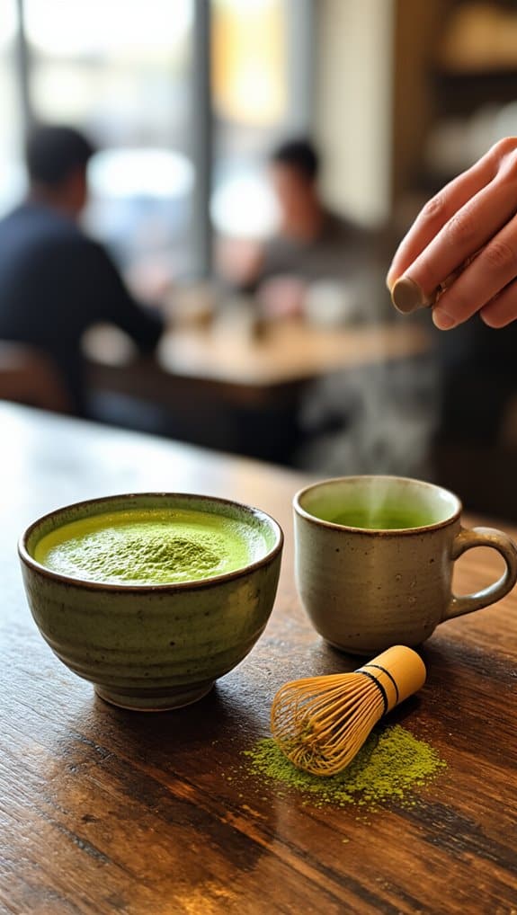 Matcha Ya A Popular Destination for Tea Lovers 2 Matcha green tea in a bowl and mug on a rustic wooden table with a bamboo whisk, with a blurred cafe background.