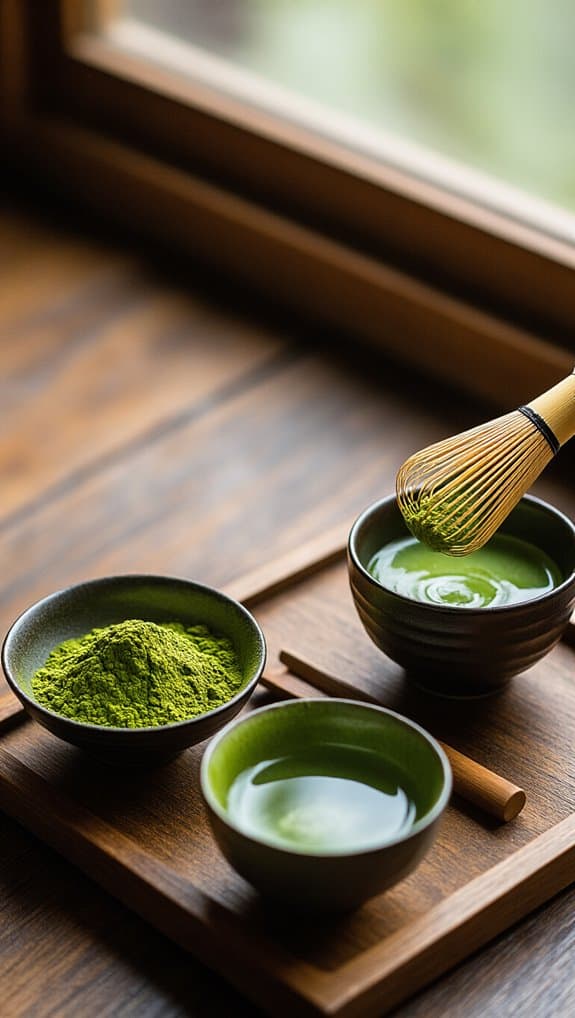 Matcha green tea powders and bowls on a wooden tray, styled with a bamboo whisk, creating a calming and healthy beverage preparation scene for wellness and fitness enthusiasts.