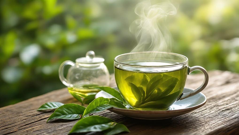 Healthy Drink List: 25 Nutritious Beverages for Every Need 2 Hot tea with fresh green tea leaves on wooden table, herbal detox beverage, natural health remedy, soothing calming drink, wellness tea for health and relaxation.