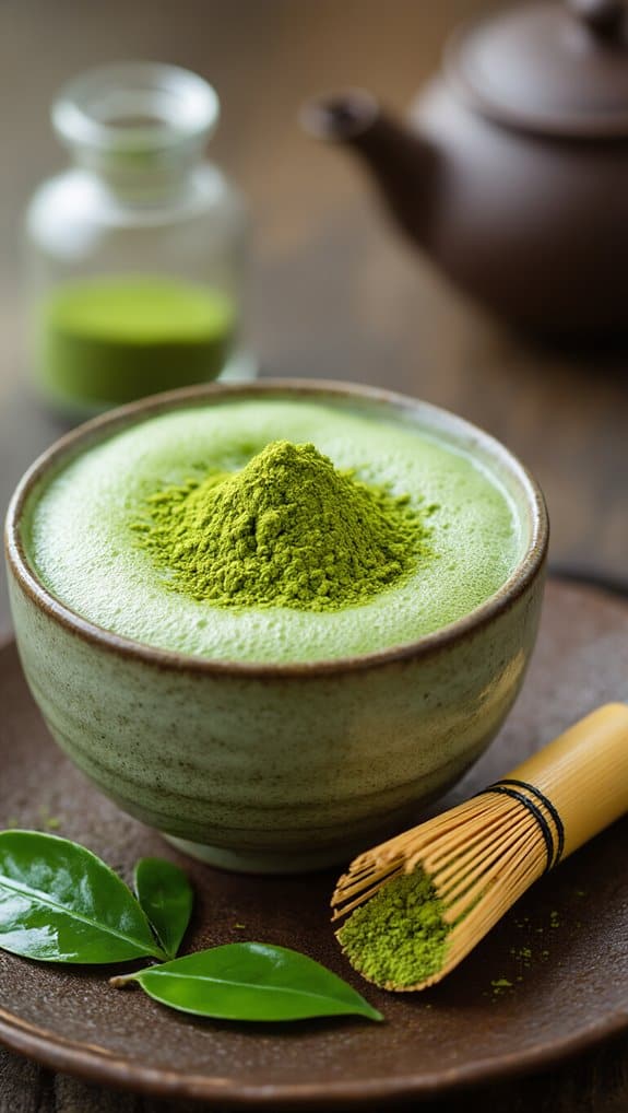 Matcha green tea powder in a bowl with a bamboo whisk and green leaves on a rustic background.