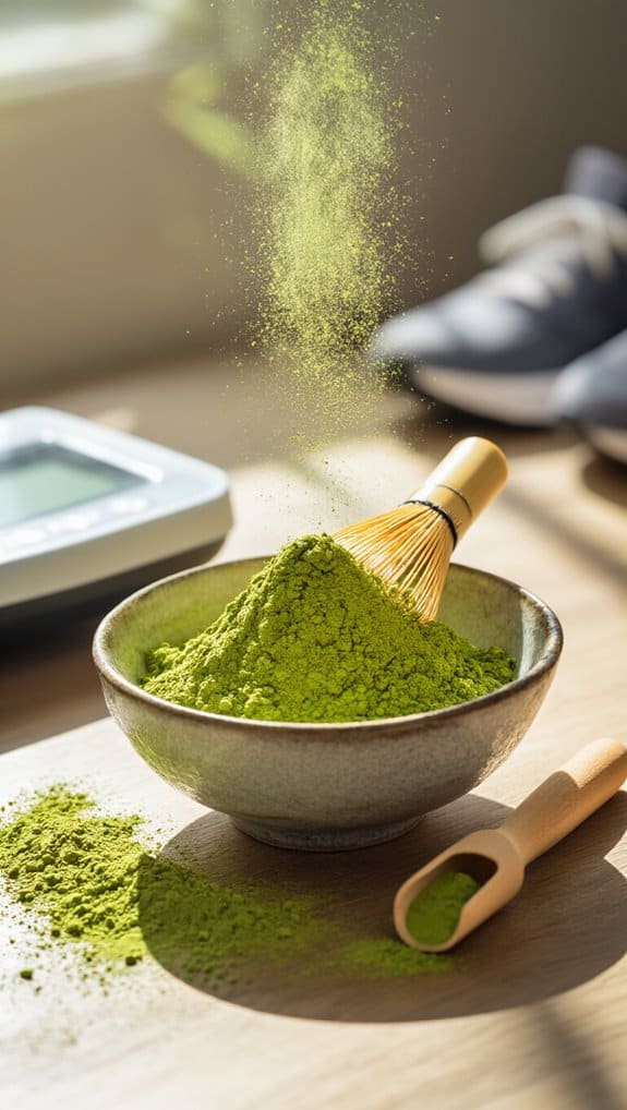 Vibrant green matcha powder in a ceramic bowl with a bamboo whisk, with loose powder and a scoop on a wooden surface, sunlight illuminating the scene.