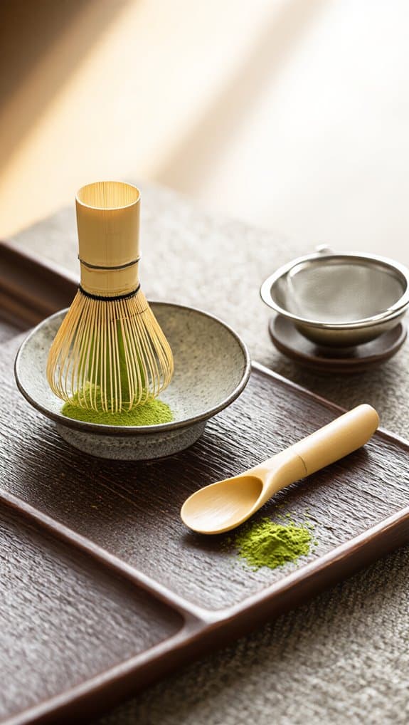 Matcha tea tools with powdered green tea on a wooden tray, highlighting health and wellness practices.