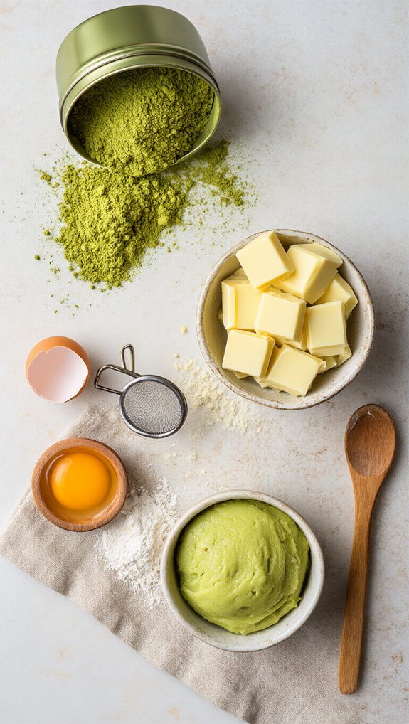 Matcha green tea powder, butter cubes, egg, mashed avocado, baking ingredients, healthy baking essentials for nutritious recipes.