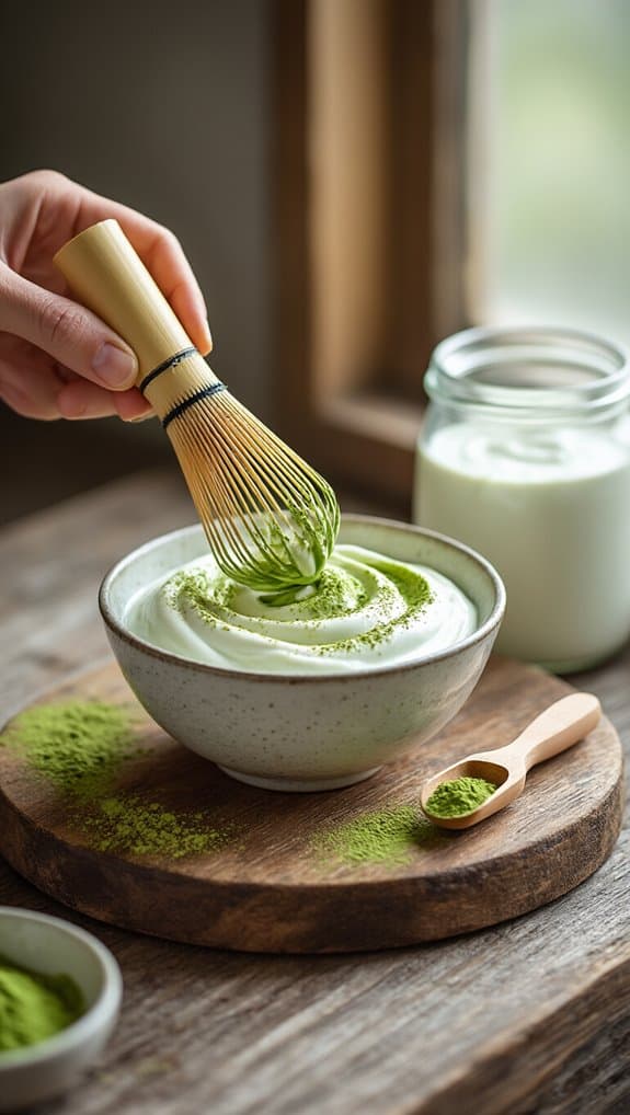 Matcha green tea powder being whisked into yogurt in a ceramic bowl with a matcha whisk, on a wooden board with a small spoon and jar of milk, natural light streaming in from the window.