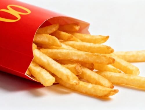 Delicious, crispy French fries spilling out of a red fast-food container, perfect for snacks or meals, emphasizing fast food and casual dining.