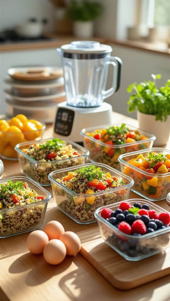Fresh meal prep with colorful quinoa salads, berries, and boiled eggs on a wooden kitchen counter, featuring a blender and healthy ingredients for balanced nutrition and wellness.