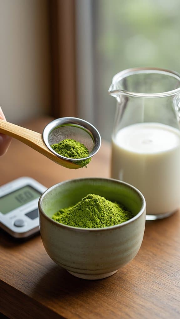 Finely ground green matcha powder being scooped from a ceramic bowl, with a glass of milk or cream nearby, on a wooden table in a bright, natural setting.