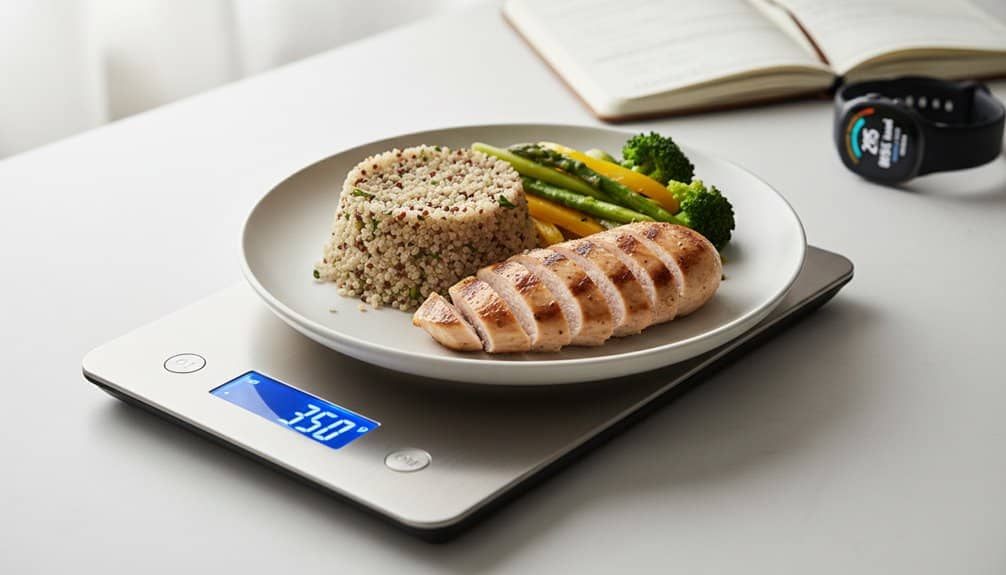 A nutritious plate featuring grilled chicken, quinoa, and steamed vegetables, placed on a digital kitchen scale displaying -350°F for accurate portion control.