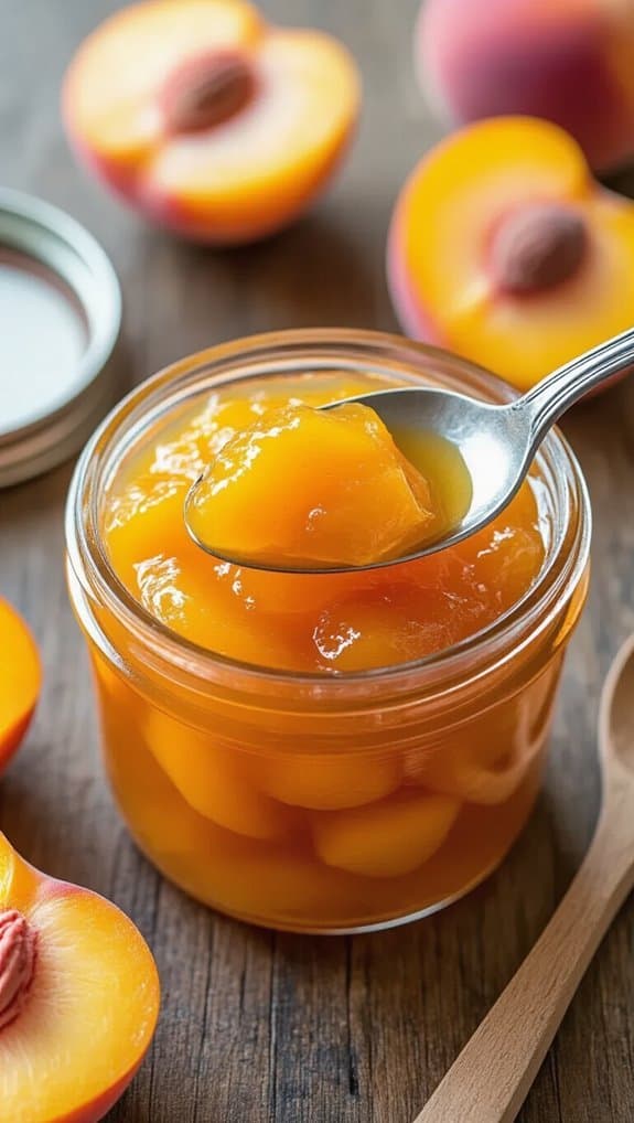 Sweet peach preserves in a glass jar with a spoonful ready to serve, surrounded by fresh peach halves on a rustic wooden surface, emphasizing natural, healthy fruit-based spreads.
