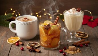 Mexican Christmas Drink: Favorites Ponche, Atole, Rompope 13 Delicious hot beverages with spices and citrus, perfect for winter comfort and festive gatherings. Includes steaming mugs of cocoa, mulled cider, and creamy eggnog decorated with cinnamon and star anise.
