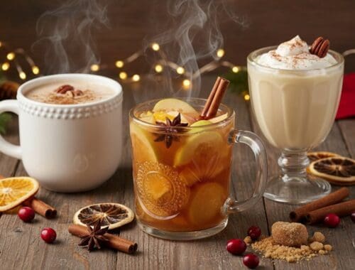 Delicious hot beverages with spices and citrus, perfect for winter comfort and festive gatherings. Includes steaming mugs of cocoa, mulled cider, and creamy eggnog decorated with cinnamon and star anise.
