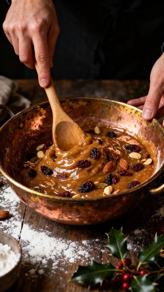 Old Fashioned Christmas Pudding Made the Traditional Way 2 A copper bowl filled with a festive holiday fruit mixture, topped with dried cranberries, almonds, and walnuts, being stirred with a wooden spoon, with holiday decorations in the background.