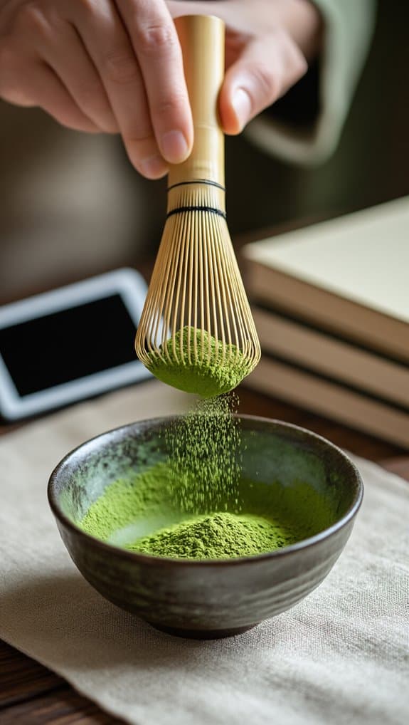 Matcha green tea powder being sifted into a bowl, highlighting a healthful, antioxidant-rich superfood option for wellness and fitness enthusiasts.