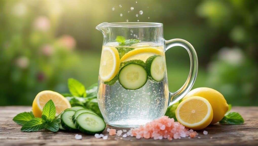 Refreshing cucumber lemon infused water with mint and pink Himalayan salt on a rustic wooden table, promoting hydration and wellness.