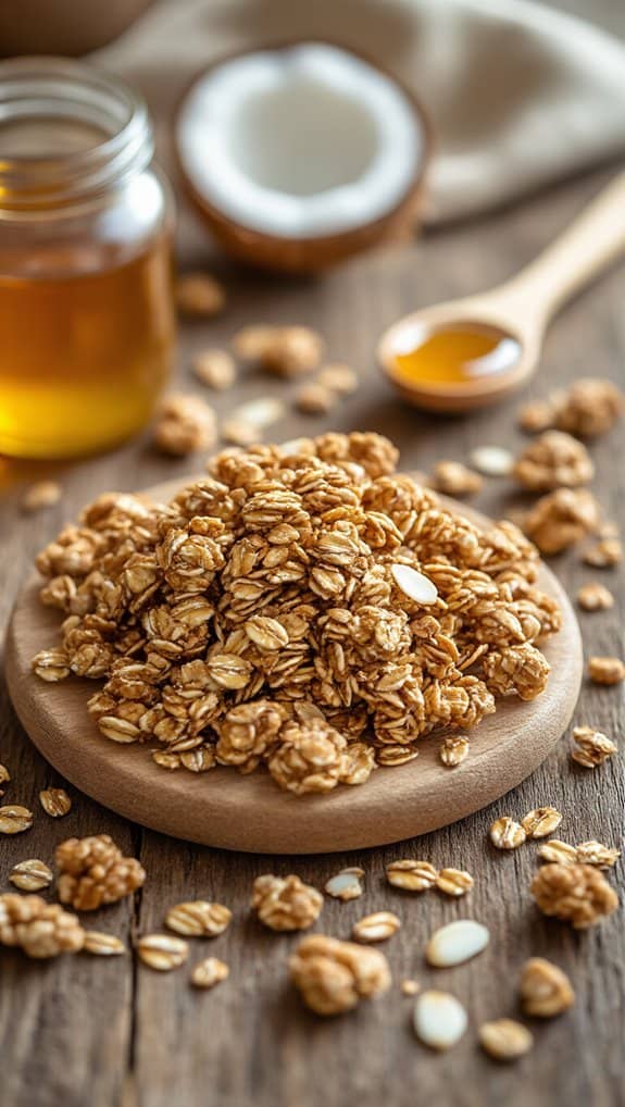 Crunchy granola clusters on wooden plate with honey and yogurt in background.