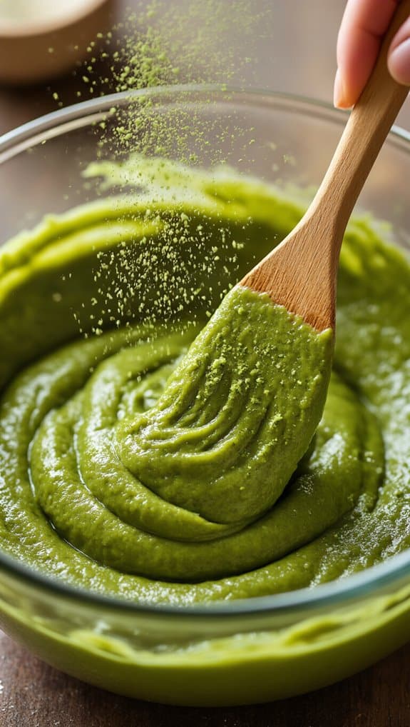 Creamy green avocado mash being stirred with a wooden spatula in a glass bowl, with a sprinkle of lime or herbs on top.