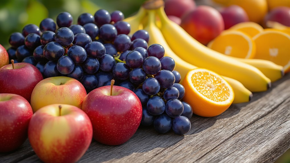 How Many Calories in Grapes? 3 Fresh red apples, purple grapes, and sliced oranges on a rustic wooden surface, showcasing healthy fruits that promote wellness and fitness. Perfect snacks for balanced nutrition and energy.