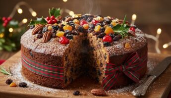 A delicious Christmas fruitcake topped with dried fruits, nuts, holly, and berries, set on a wooden table with holiday decorations and warm lighting, perfect for holiday celebrations.