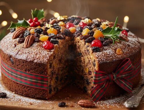 A delicious Christmas fruitcake topped with dried fruits, nuts, holly, and berries, set on a wooden table with holiday decorations and warm lighting, perfect for holiday celebrations.