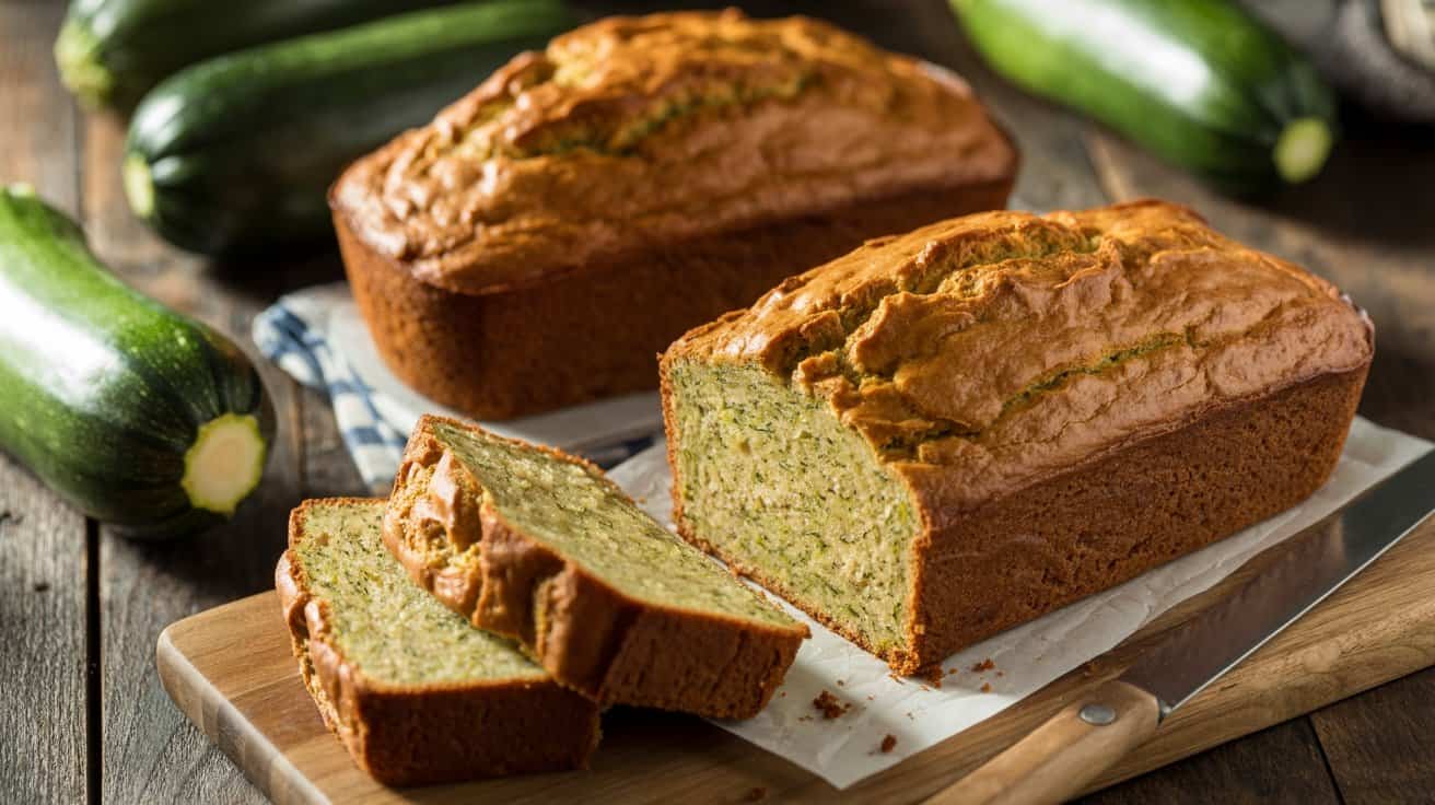 Zucchini bread loaf with slices on a wooden cutting board, fresh zucchinis in the background, healthy homemade snack or breakfast option, low-calorie, nutrient-rich, perfect for a balanced diet.