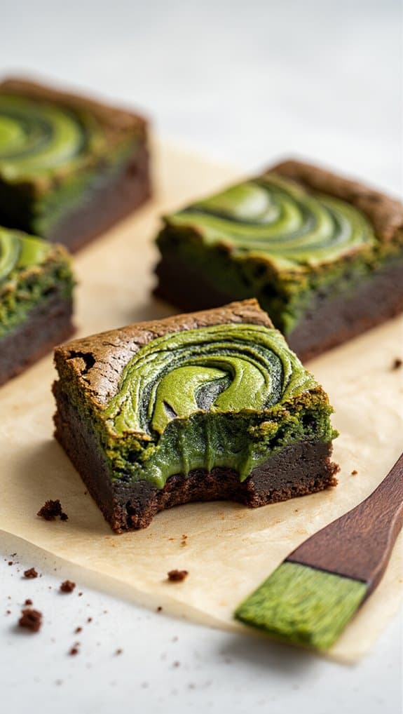 Rich chocolate brownies with a vibrant green swirl of matcha tea, showcasing a delightful combination of flavors and textures perfect for a healthy, energizing treat.