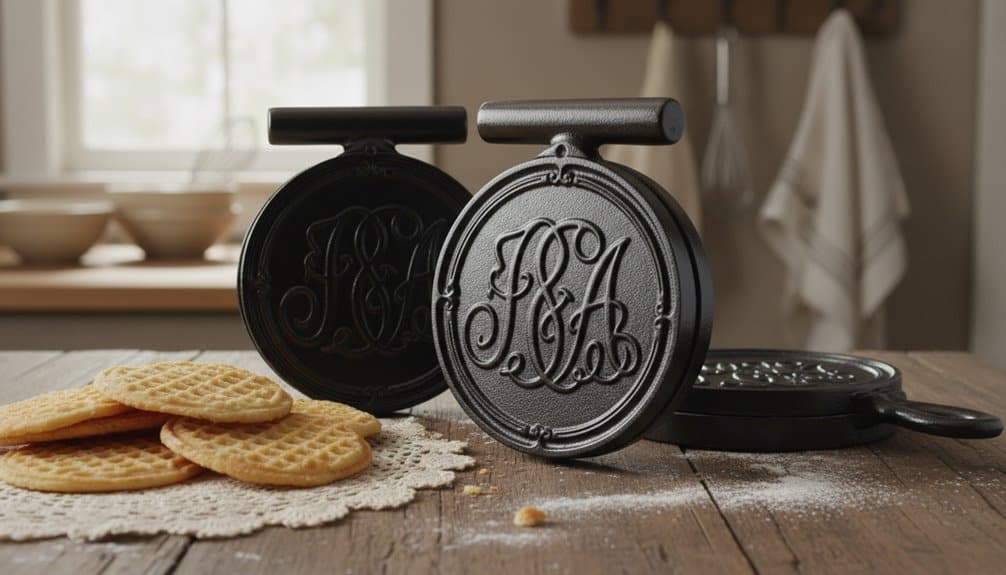 Monogrammed Pizzelle Irons: The Wedding Gift That Actually Gets Used Daily 2 Cast iron waffle maker with breakfast waffles, kitchen setting for health and fitness.