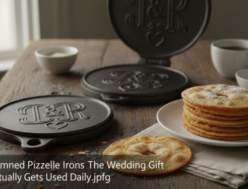 Delicious cookies and heart-shaped pizzle irons on a rustic wooden table, perfect for breakfast or gifting. Featuring embossed iron molds and freshly baked cookies, ideal for cozy mornings or special occasions.