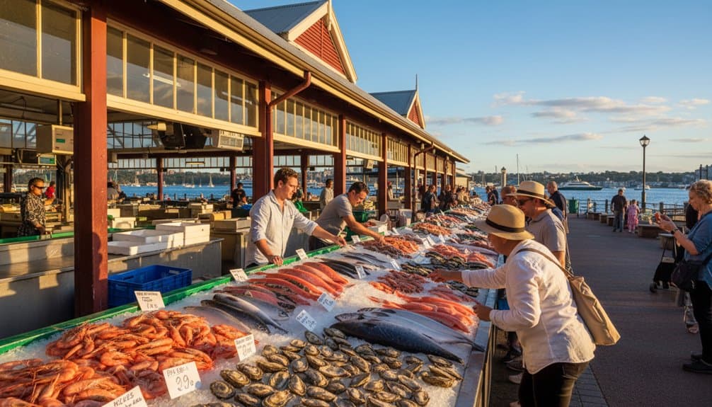 Fresh seafood market with customers shopping for fish and shellfish at sunset.