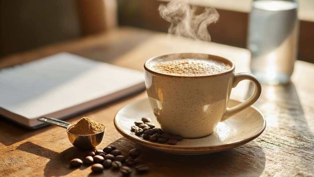 Rich, frothy cappuccino in a ceramic cup with coffee beans and cinnamon powder on a rustic wooden table, steam rising, sunlight streaming in, healthy lifestyle, coffee break, cozy morning scene.