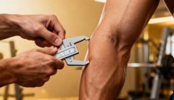 NASMs Body Fat Calculator 15 A person uses a digital caliper to measure body fat percentage on their arm in a gym setting, emphasizing fitness assessment and health monitoring.