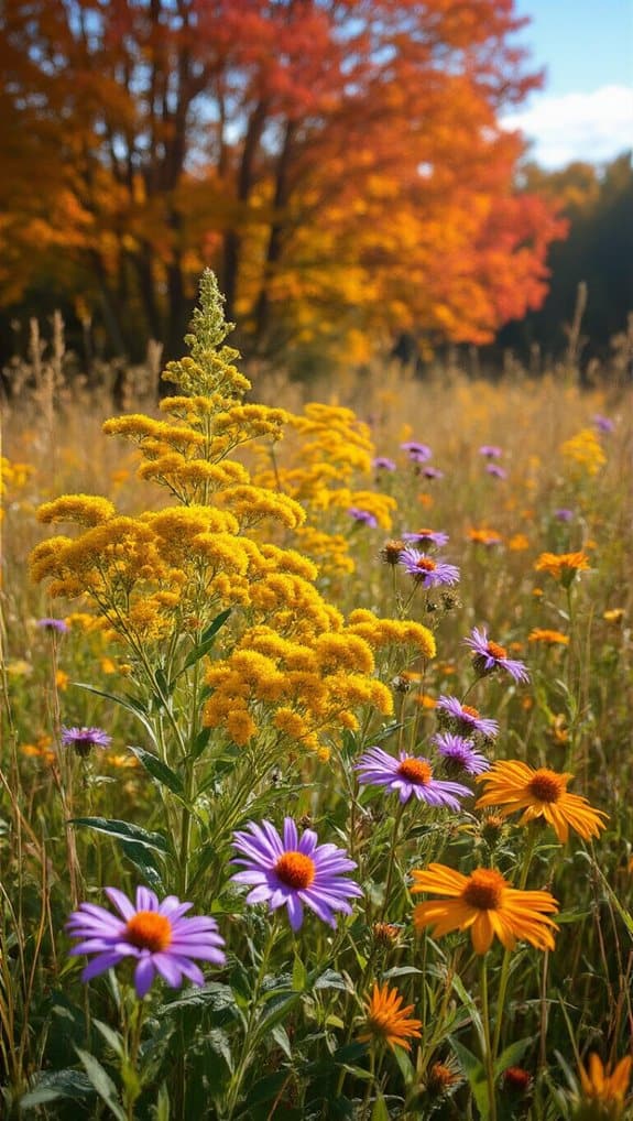 Goldenrod and purple coneflowers blooming in a vibrant meadow with autumn foliage in the background.