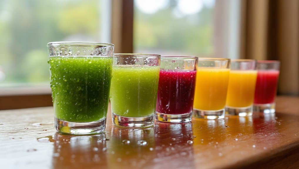 Healthy Drink Shots Quick Wellness Boosts That Actually Work 4 Freshly blended colorful fruit and vegetable juices on a wooden table for health and wellness.