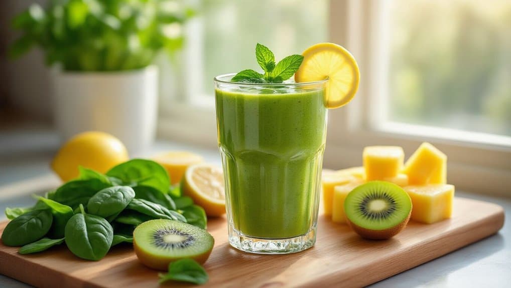 Fresh green spinach, kiwi, lemon, and mango smoothie on a wooden board by a bright window for healthy living.