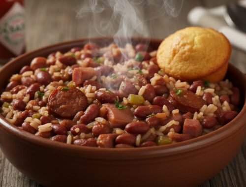 A warm, steaming bowl of bean and rice stew topped with a cornbread muffin, perfect for a nutritious and comforting meal.