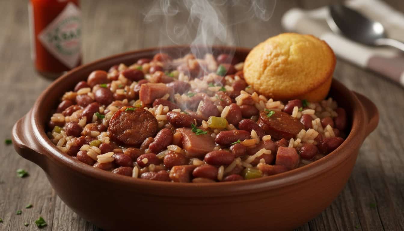 A warm, steaming bowl of bean and rice stew topped with a cornbread muffin, perfect for a nutritious and comforting meal.