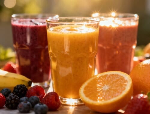 Fresh fruit smoothies in three glasses with bananas, oranges, berries on a sunny outdoor table, promoting healthy nutrition and fitness hydration.